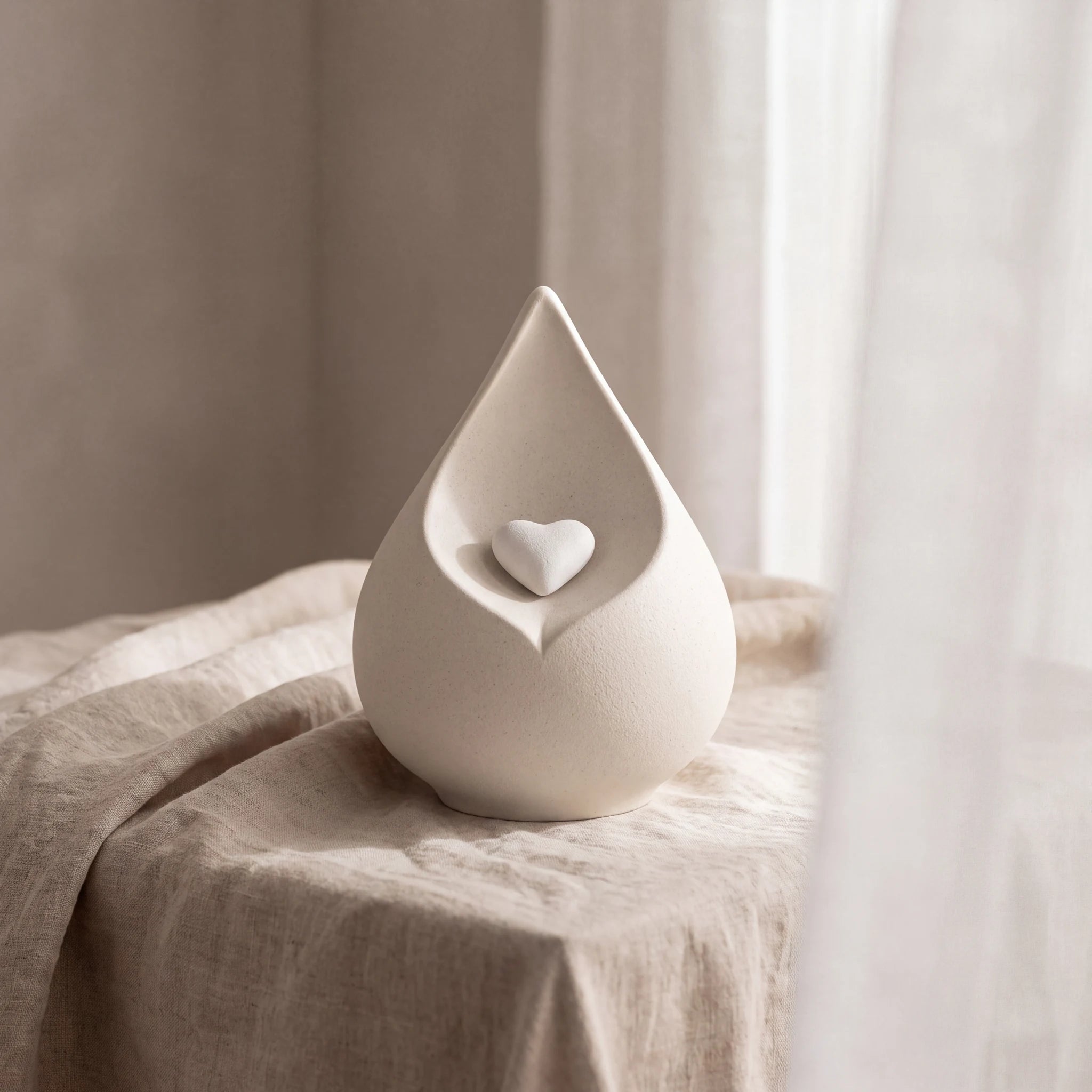 Teardrop-Medium-Urn-for-Ashes-with-Heart-in-Light-Beige-Linen-Table