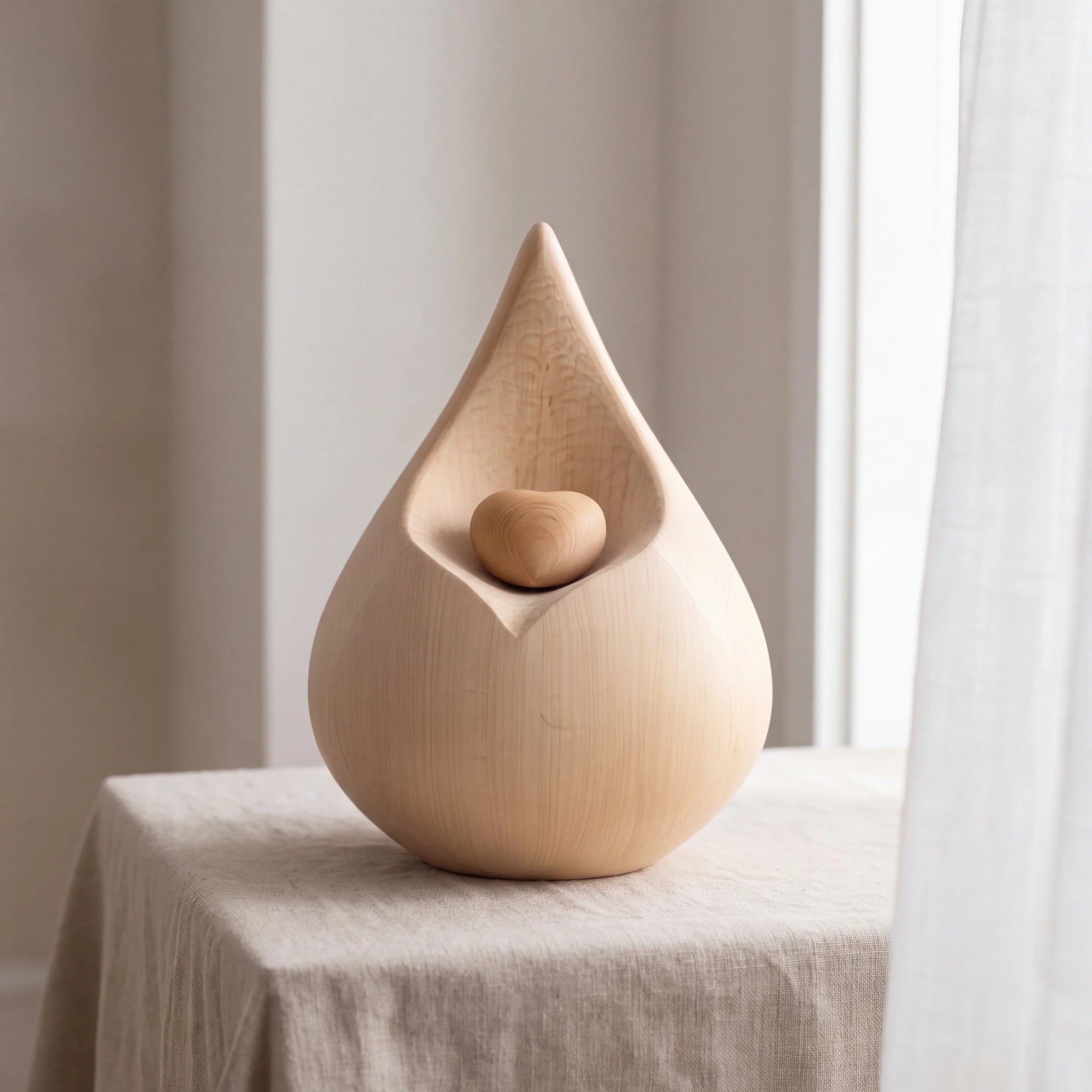 Teardrop-Medium-Urn-for-Ashes-with-Heart-in-Natural-Wood-Linen-Table