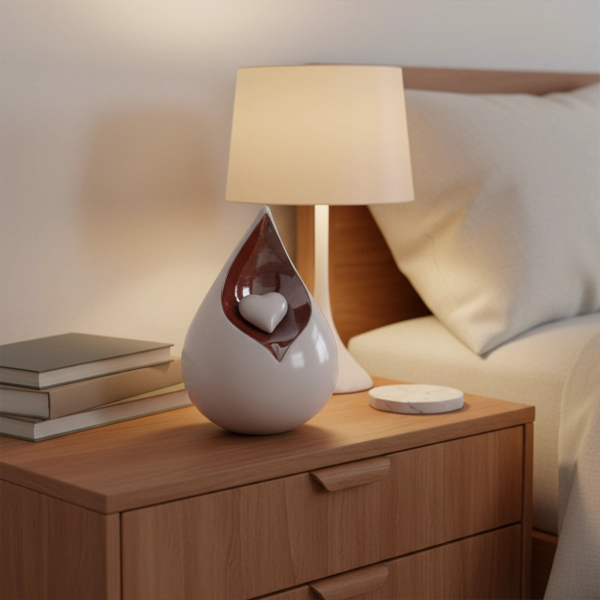 Teardrop Medium Urn for Ashes with Heart in White and Brown