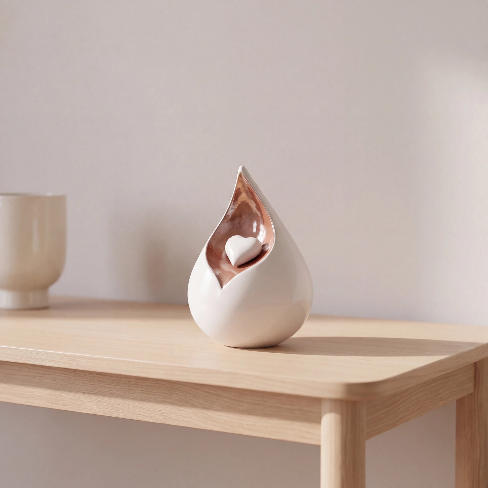 Teardrop-Medium-Urn-for-Ashes-with-Heart-in-White-and-Brown-Oak-Console