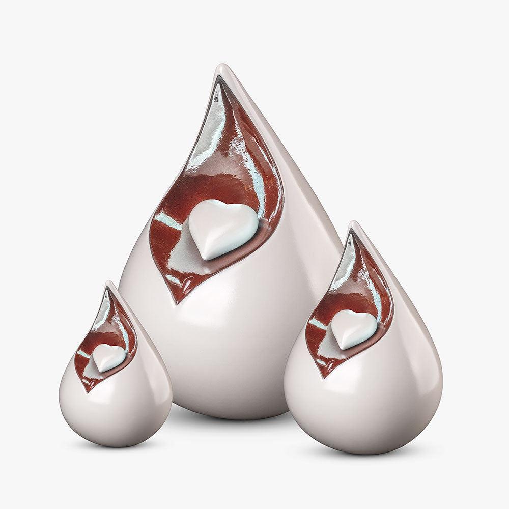Teardrop Medium Urn for Ashes with Heart in White and Brown Set