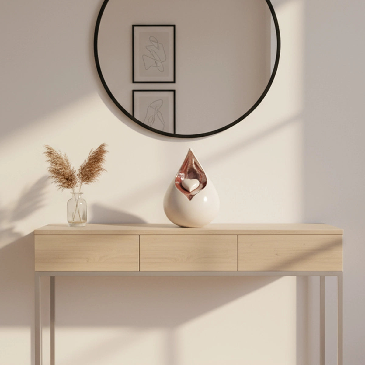 Teardrop Medium Urn for Ashes with Heart in White and Brown