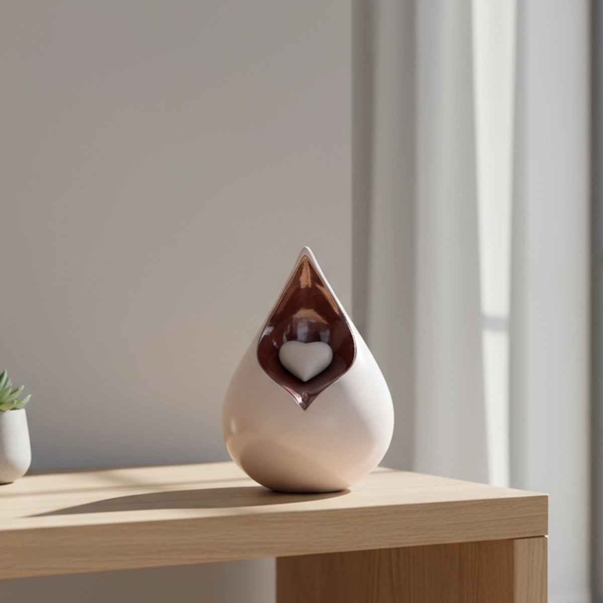 Teardrop Medium Urn for Ashes with Heart in White and Brown