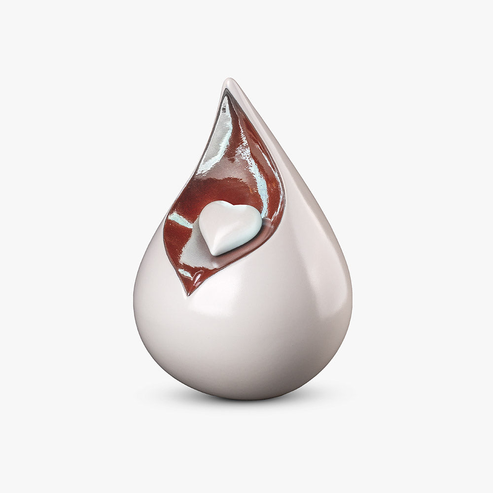 Teardrop Medium Urn for Ashes with Heart in White and Brown