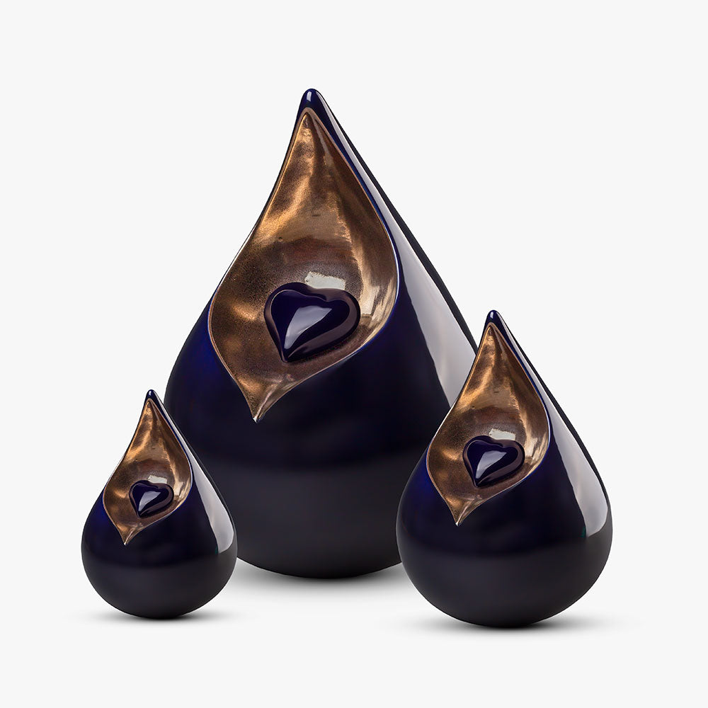 Teardrop Medium Urn with Heart for Ashes in Cobalt Blue and Gold Set