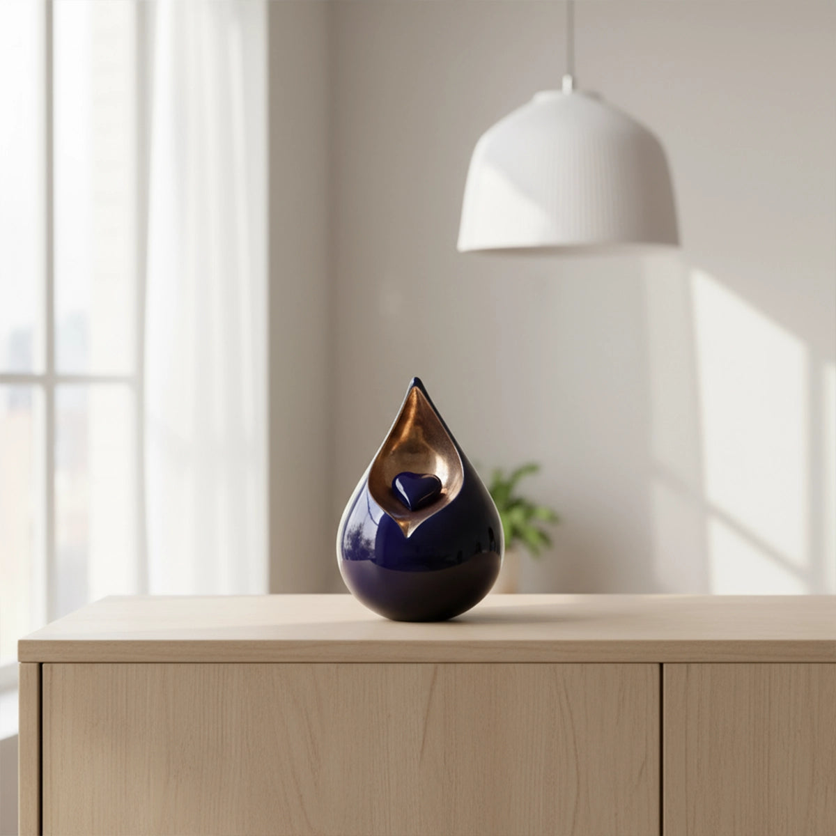 Teardrop Medium Urn with Heart for Ashes in Cobalt Blue and Gold