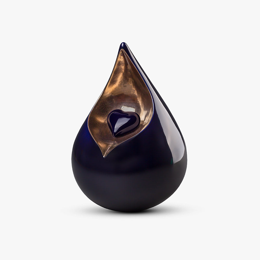 Teardrop Medium Urn with Heart for Ashes in Cobalt Blue and Gold