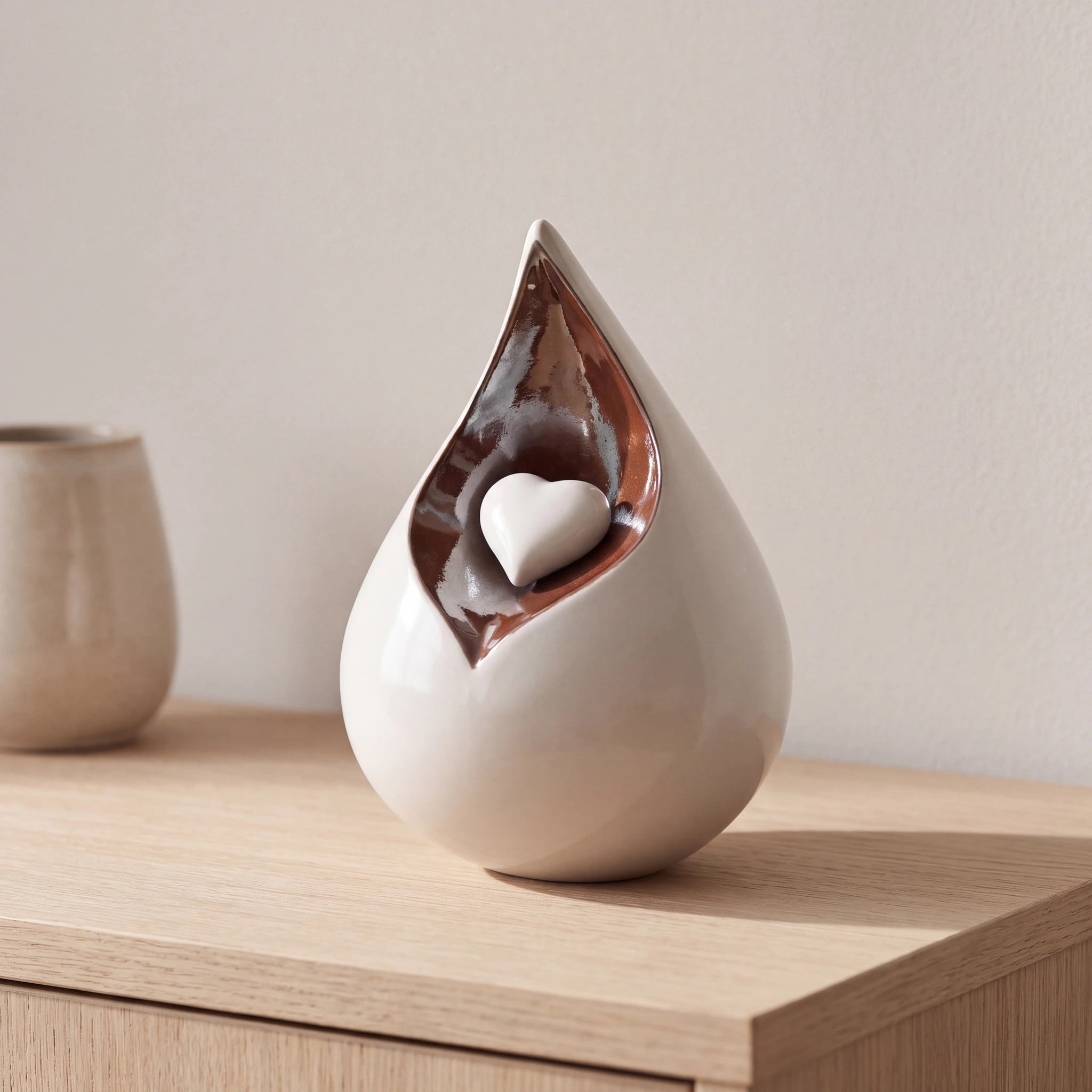 Teardrop-Small-Urn-for-Ashes-with-Heart-in-White-and-Brown-Oak-Console