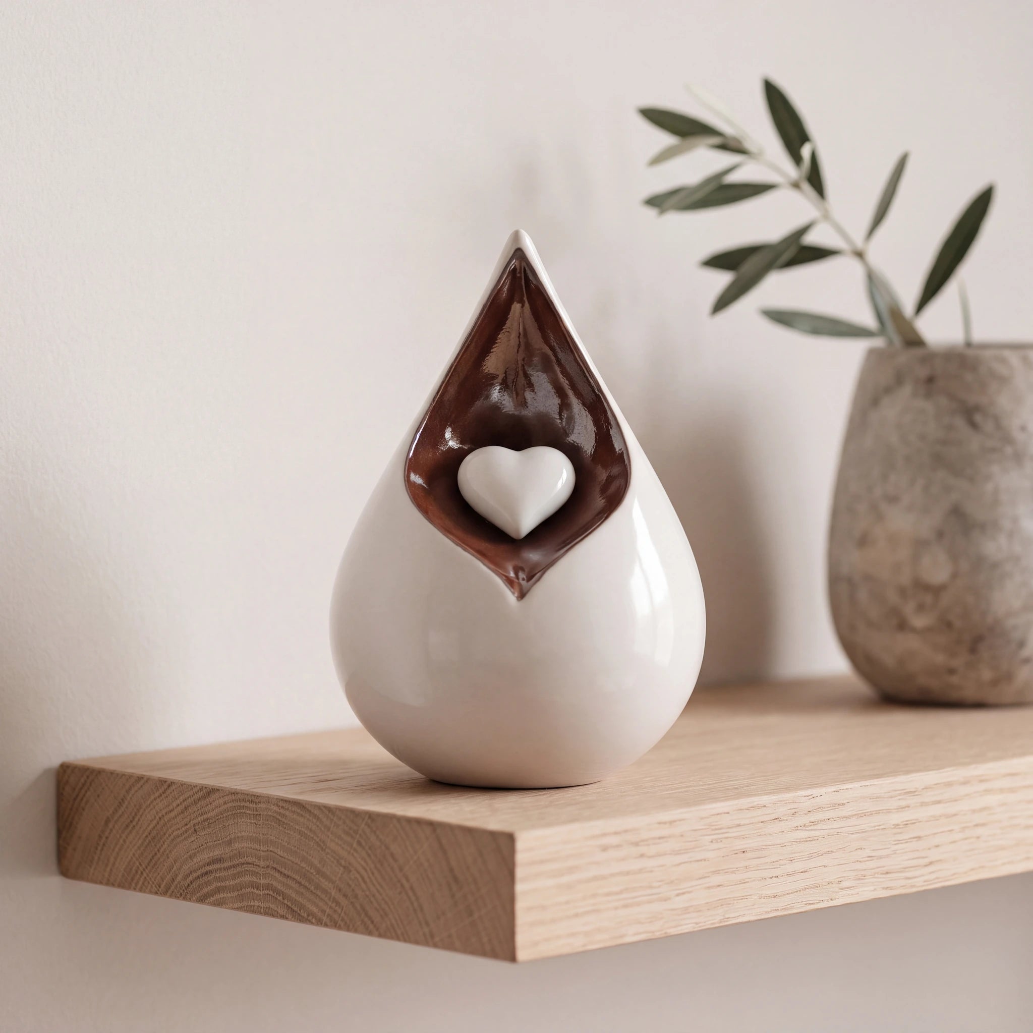 Teardrop-Small-Urn-for-Ashes-with-Heart-in-White-and-Brown-Oak-Shelf