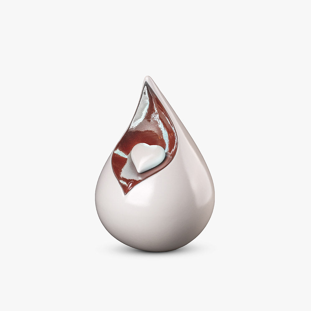 Teardrop Small Urn for Ashes with Heart in White and Brown