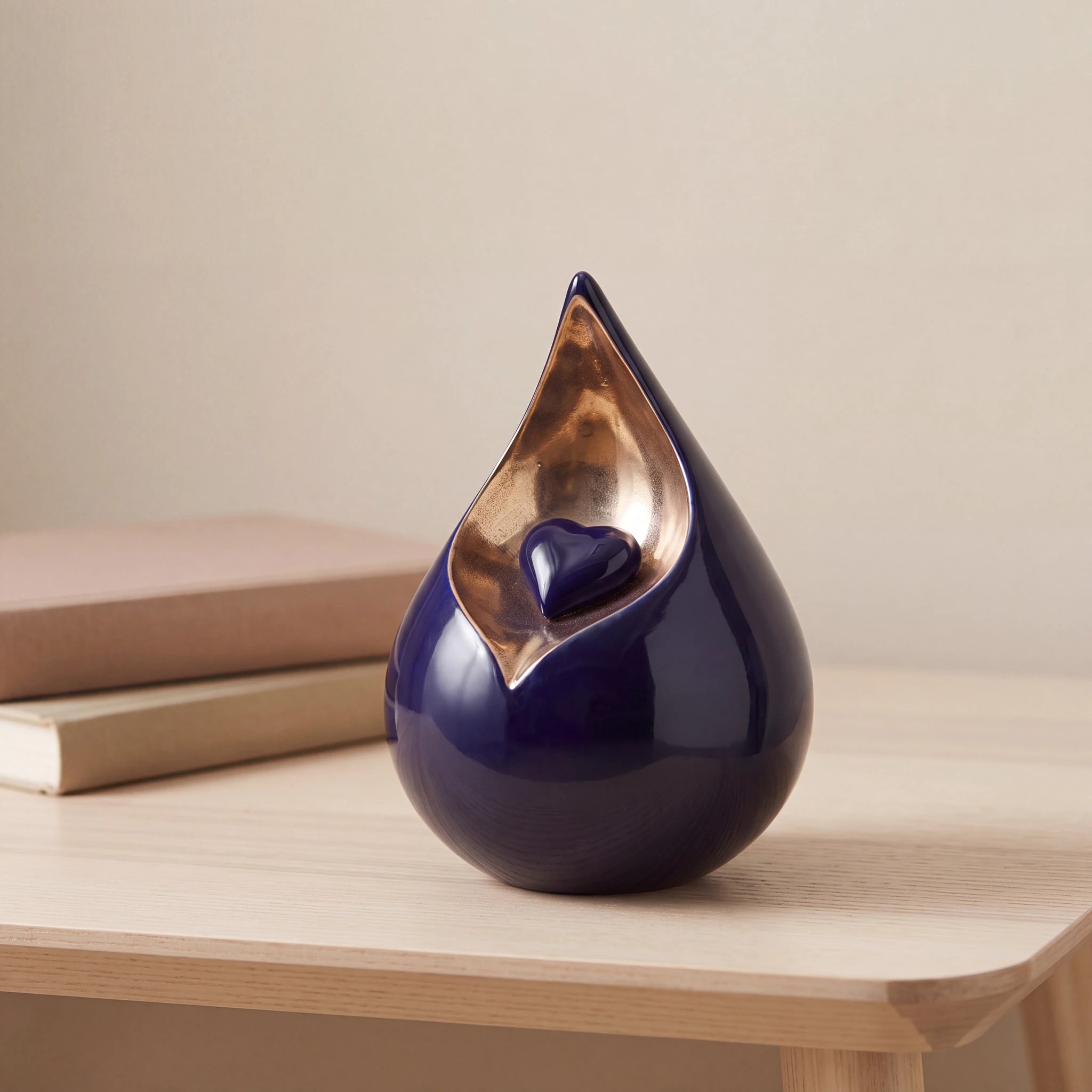 Teardrop Urn for Ashes with Heart in Cobalt Blue and Gold