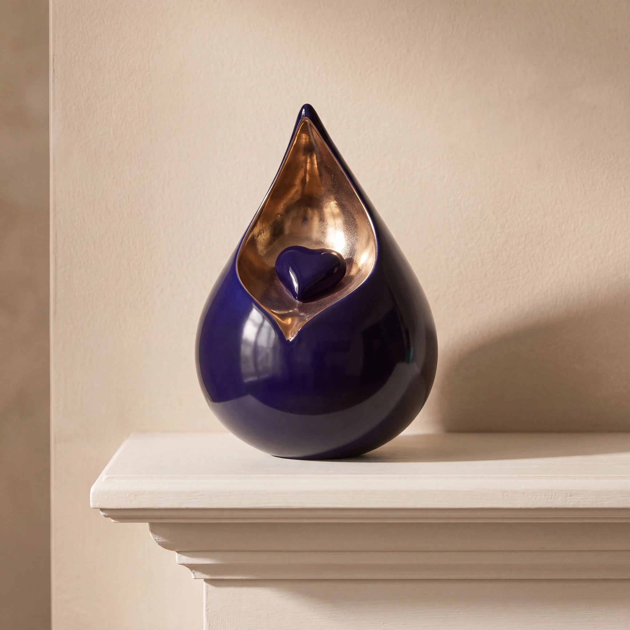 Teardrop Urn for Ashes with Heart in Cobalt Blue and Gold