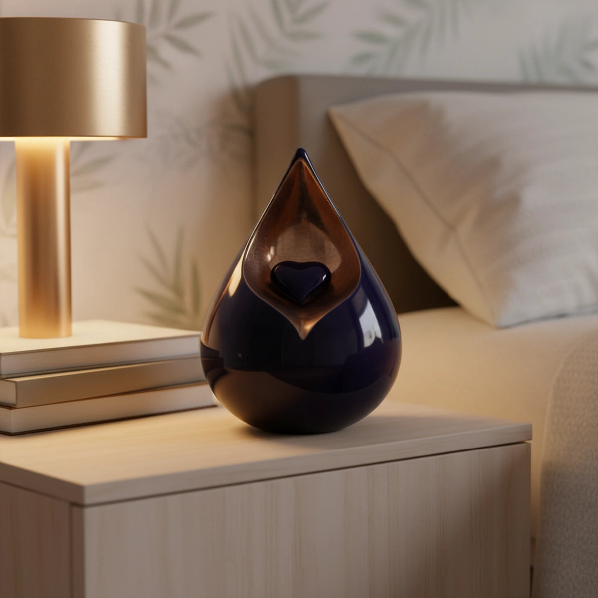 Teardrop Urn for Ashes with Heart in Cobalt Blue and Gold