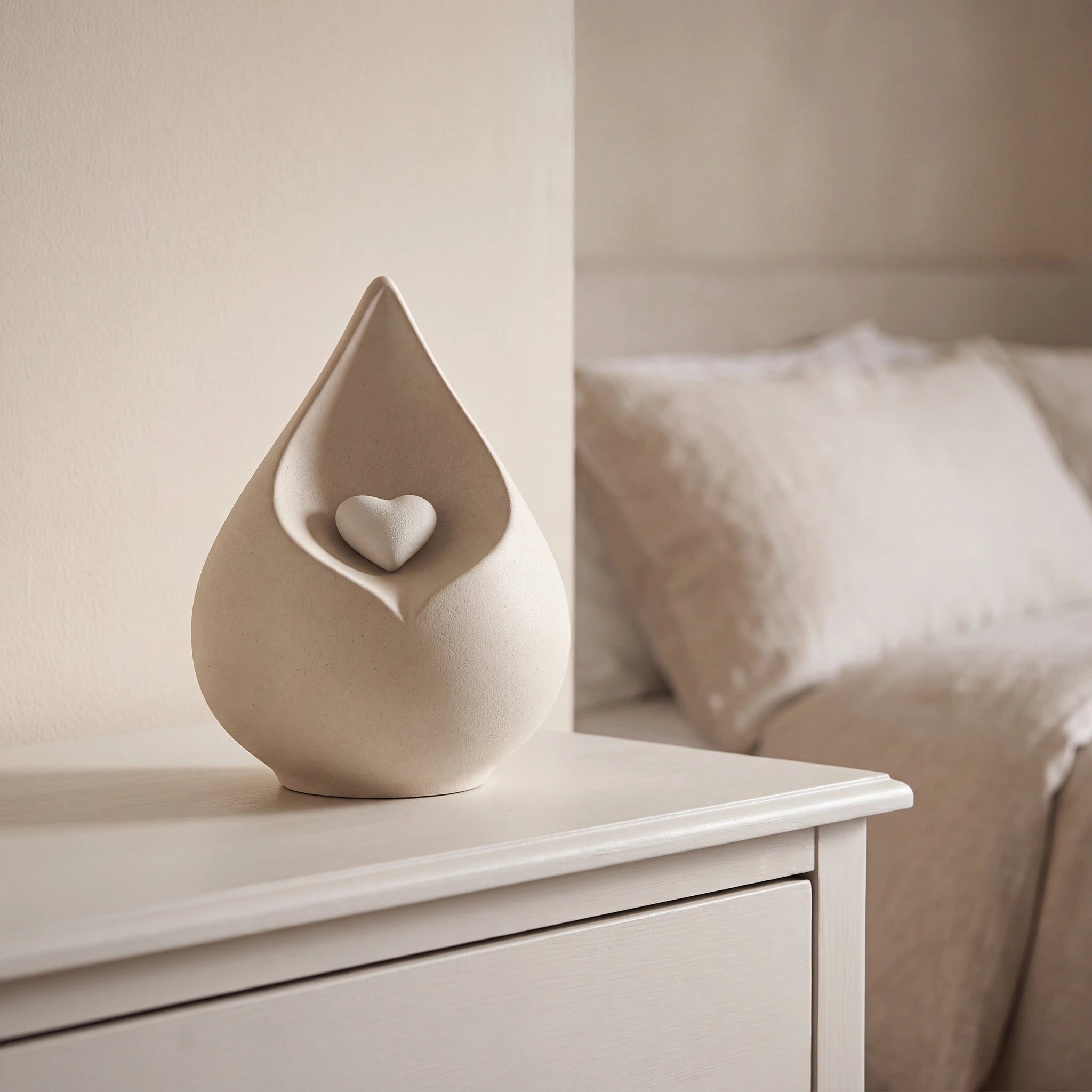 Teardrop Urn for Ashes with Heart in Light Beige