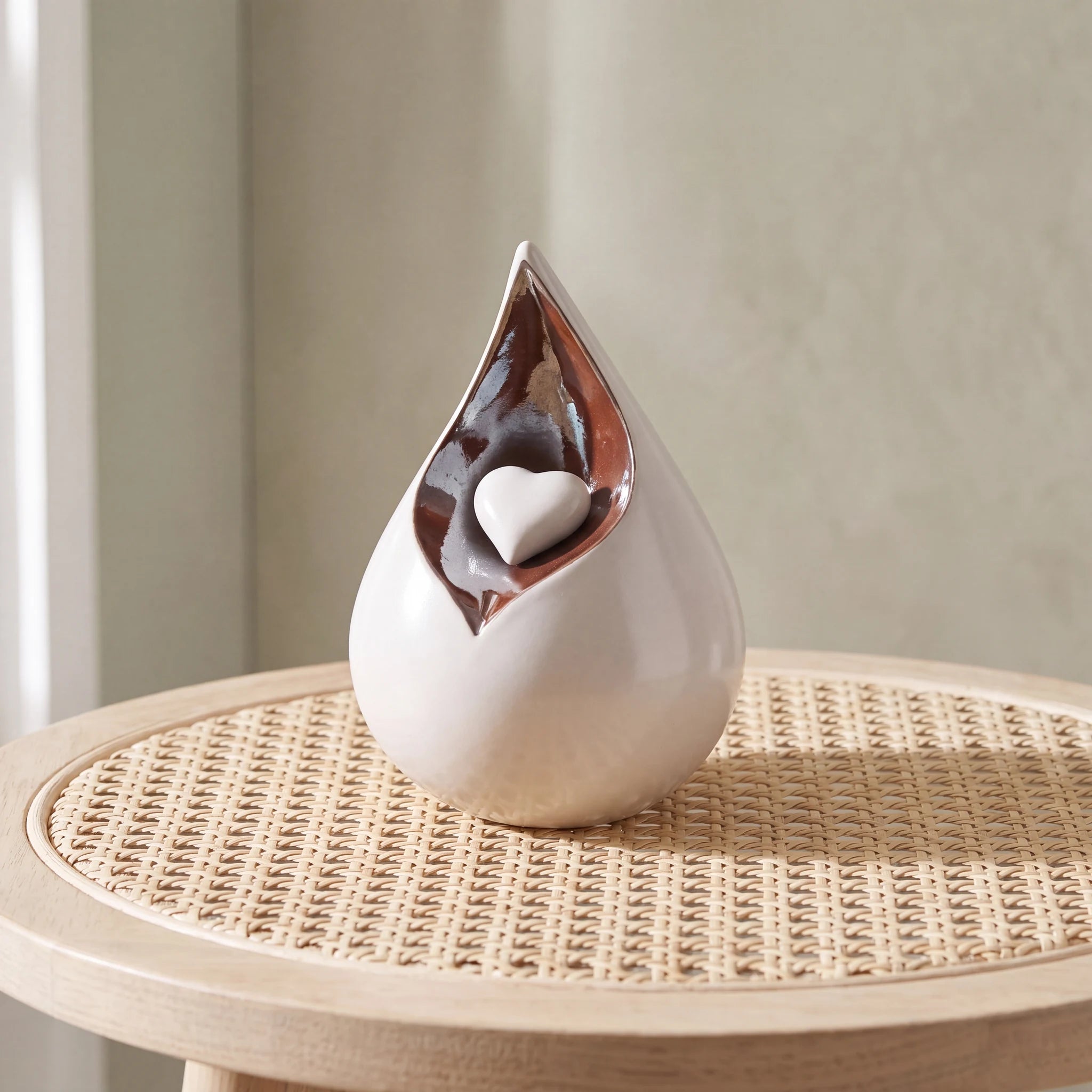 Teardrop Urn for Ashes with Heart in White and Brown