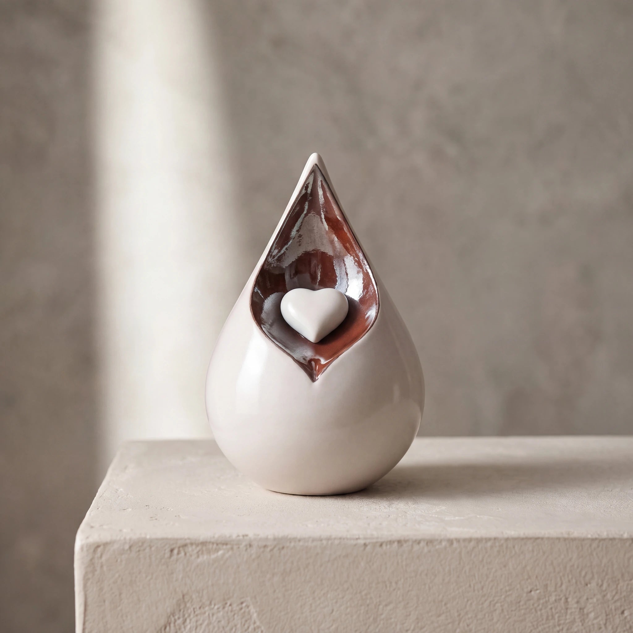 Teardrop Urn for Ashes with Heart in White and Brown