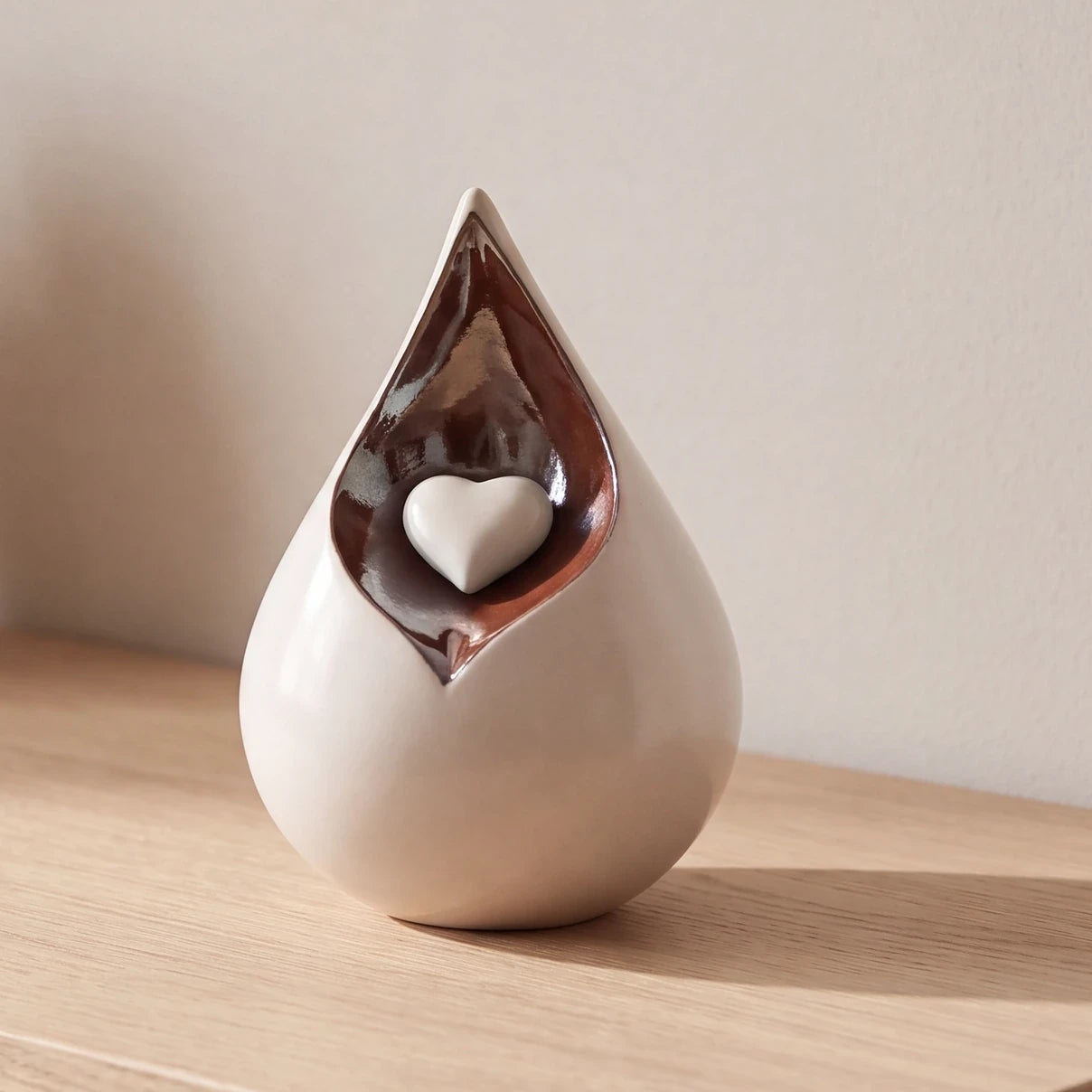 Teardrop Urn for Ashes with Heart in White and Brown