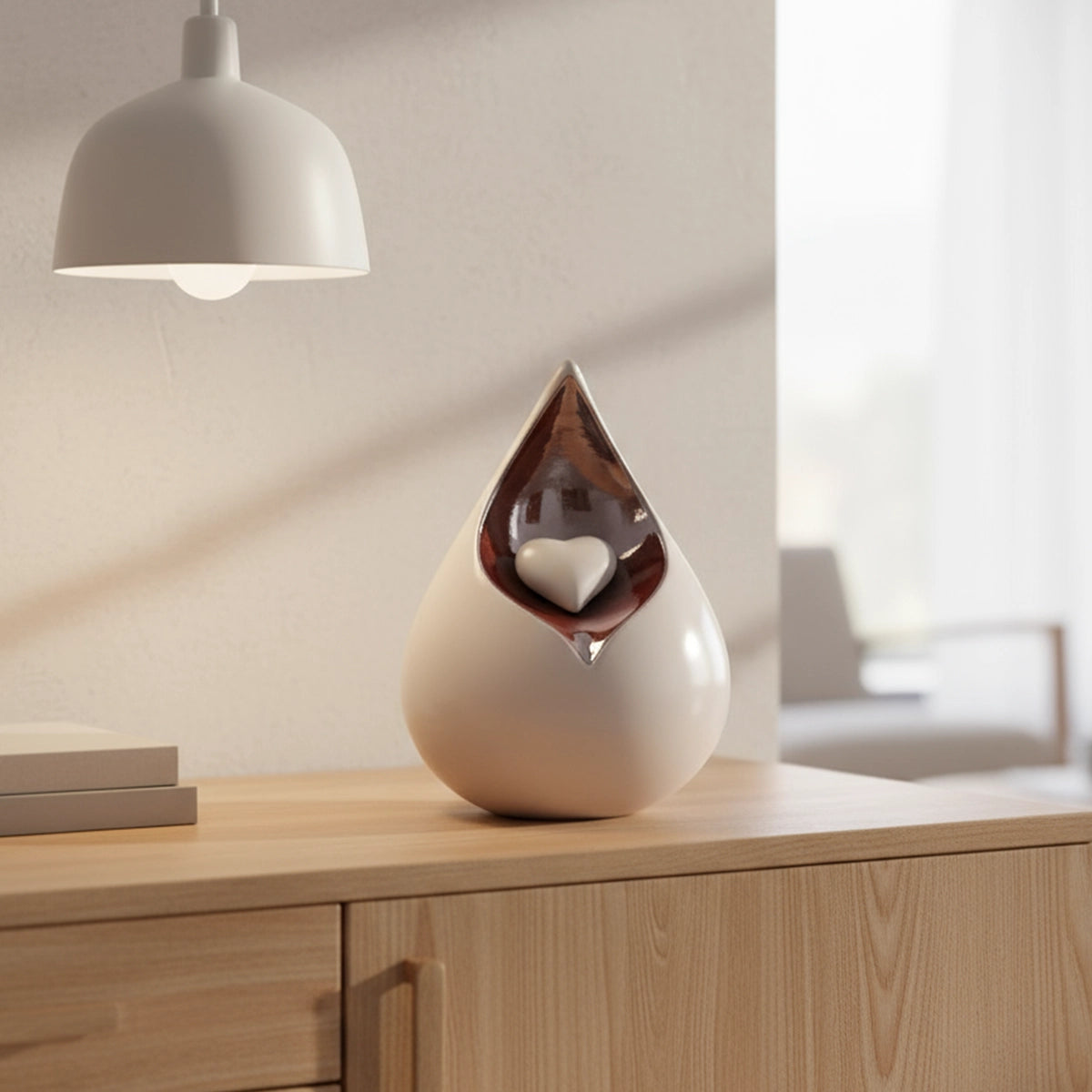 Teardrop Urn for Ashes with Heart in White and Brown