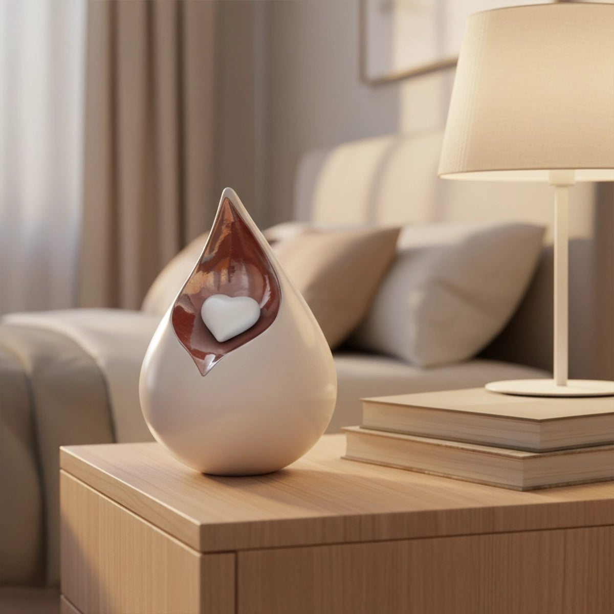 Teardrop Urn for Ashes with Heart in White and Brown