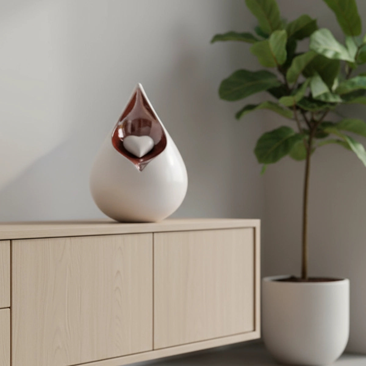 Teardrop Urn for Ashes with Heart in White and Brown