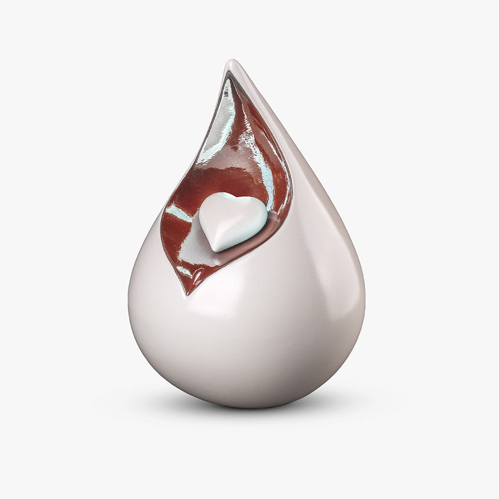 Teardrop Urn for Ashes with Heart in White and Brown