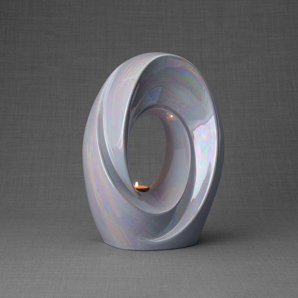 The Passage Adult Cremation Urn for Ashes in Pearlescent White Right Dark Background