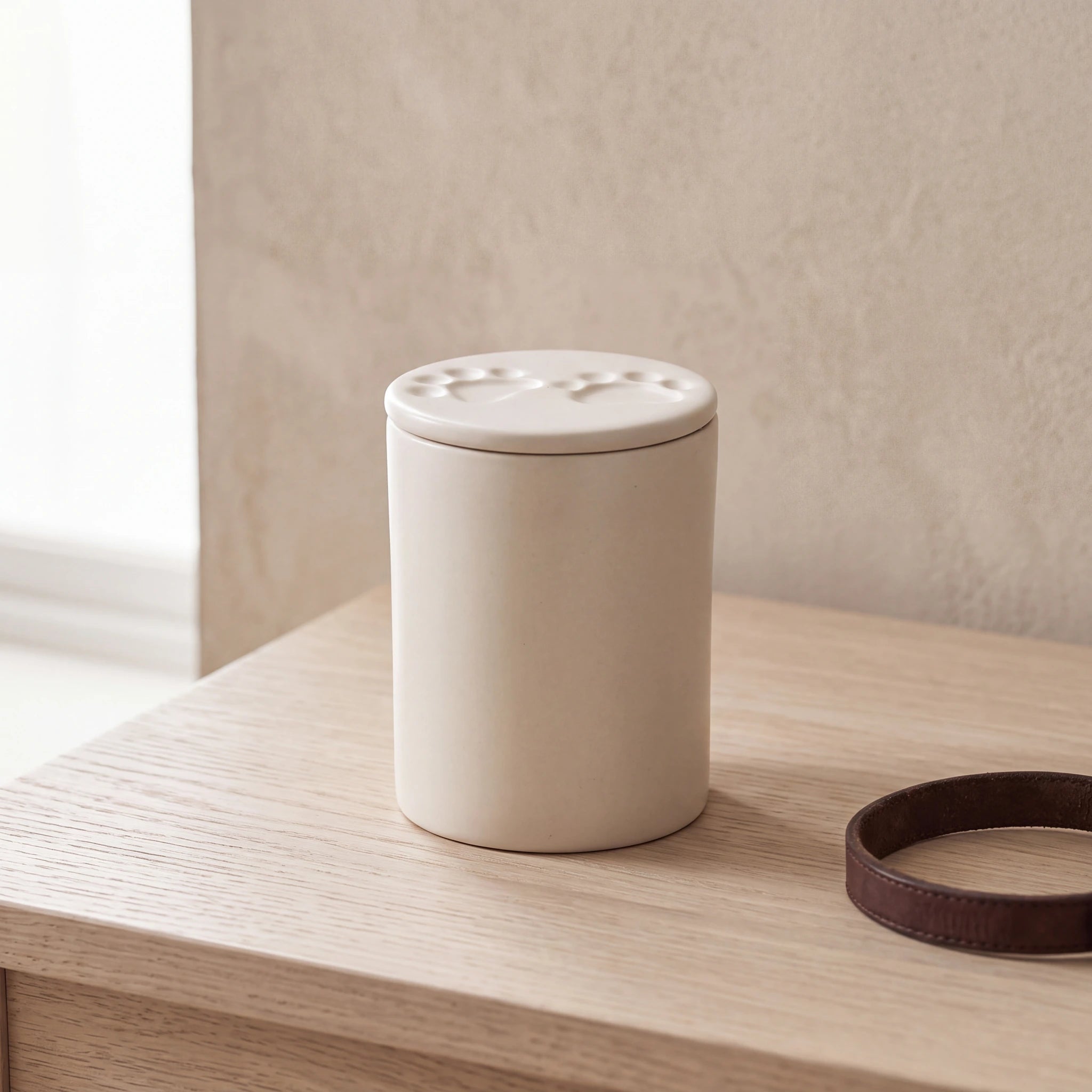 Two-Paws-Pet-Urn-for-Ashes-in-Cream-Top-View