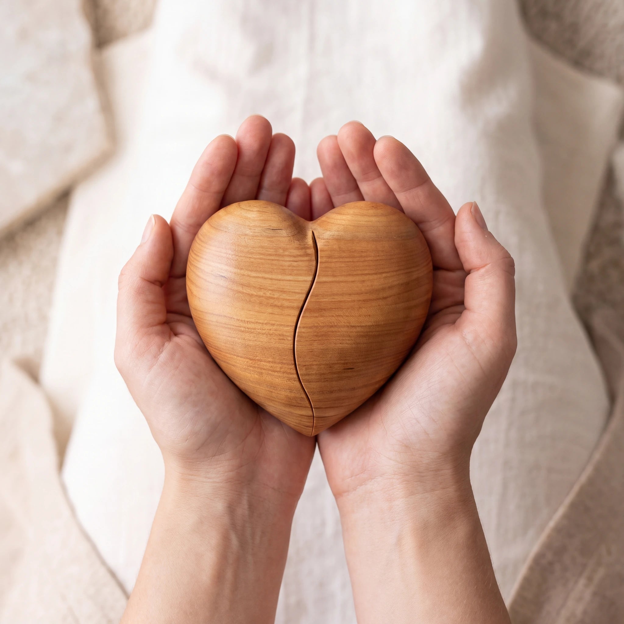 Unity-Heart-Duo-Wooden-Keepsake-Urn-for-Ashes-in-Cherry-Cupped-in-Hands