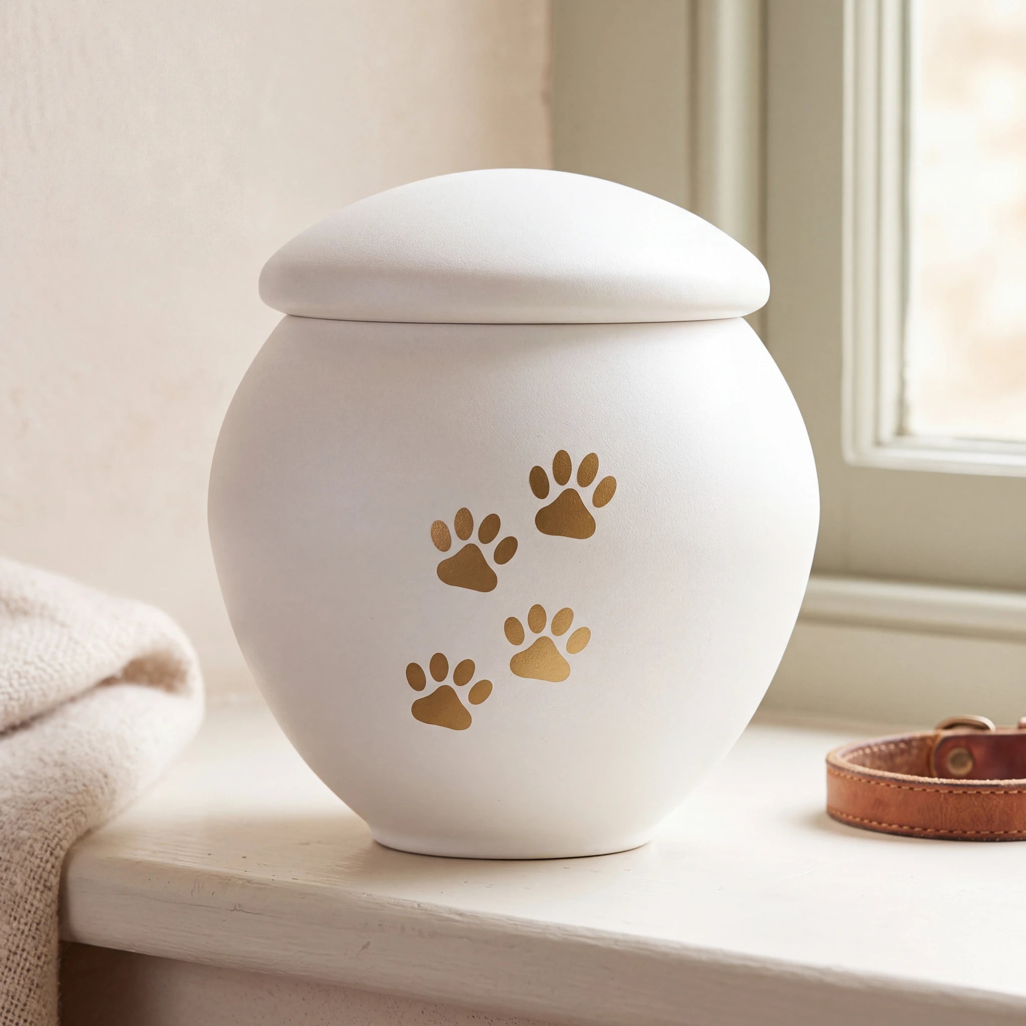White-Gold-Pawprints-Pet-Urn-for-Ashes-Large-pet_sunny_sill
