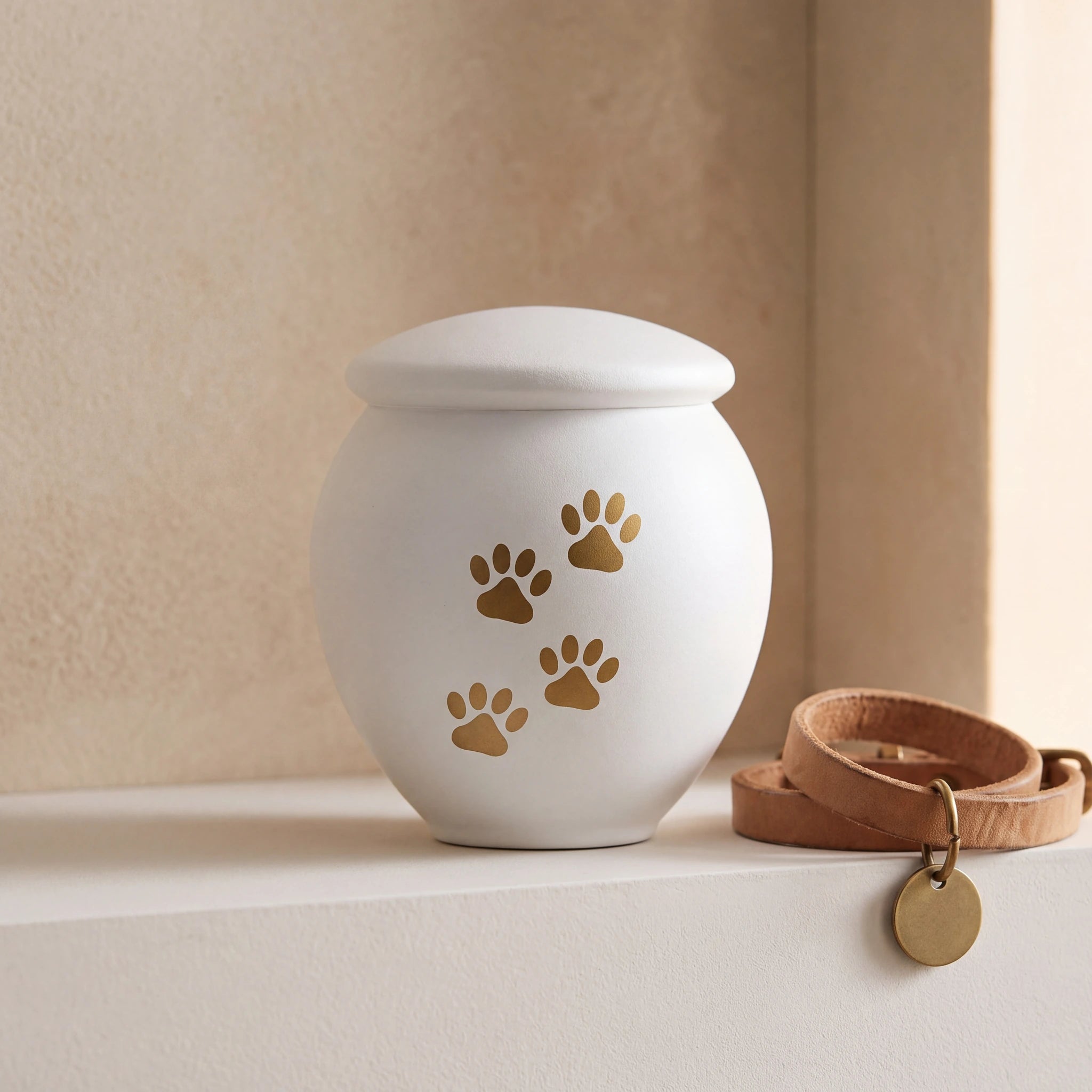 White-Gold-Pawprints-Pet-Urn-for-Ashes-Medium-pet_collar_ledge
