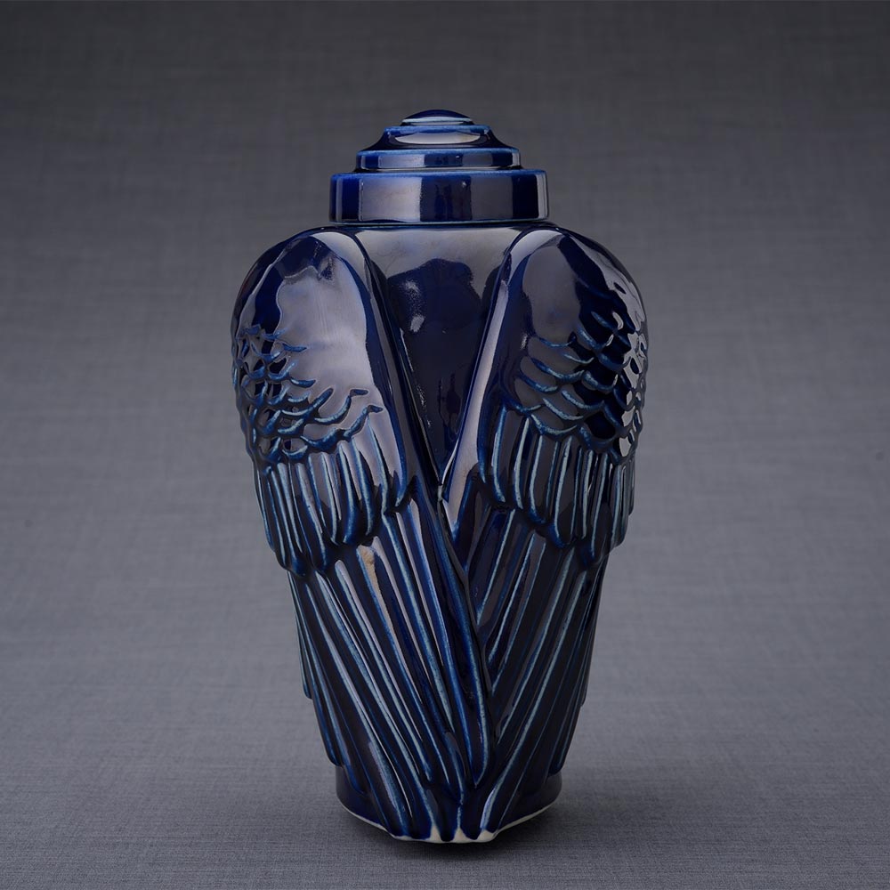 Wings Cremation Urn for Ashes in Metallic Blue Dark Background