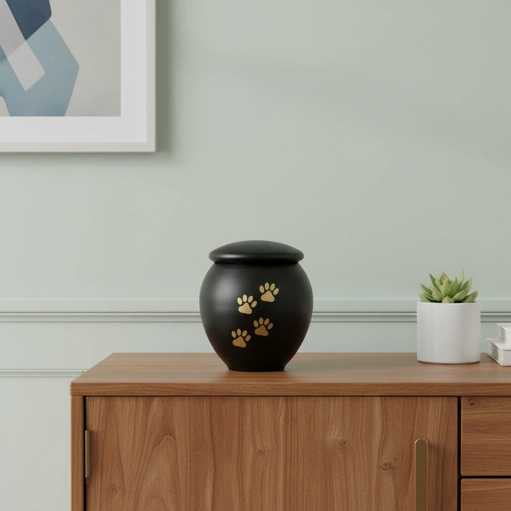 Black & Gold Pawprints Pet Urn for Ashes - Medium