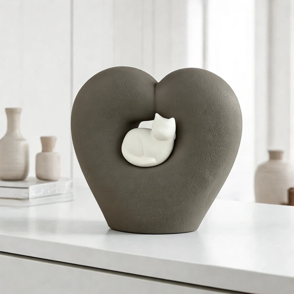 Cat Heart Pet Urn for Ashes in Grey & White