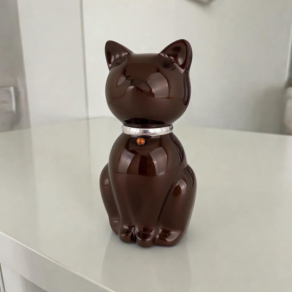 Cat Urn for Ashes in Brown & Silver