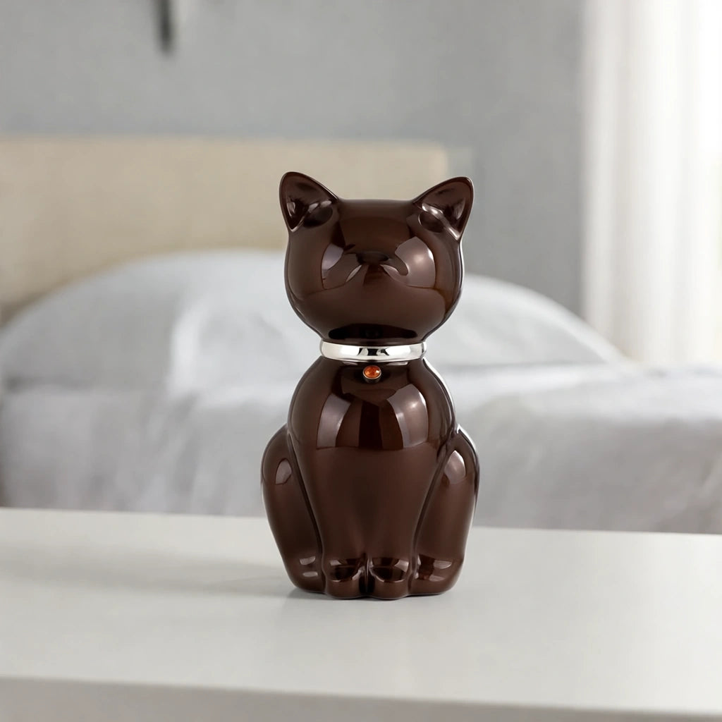 Cat Urn for Ashes in Brown & Silver