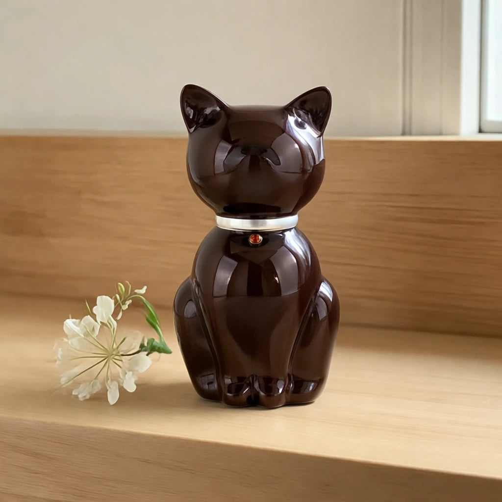 Cat Urn for Ashes in Brown & Silver