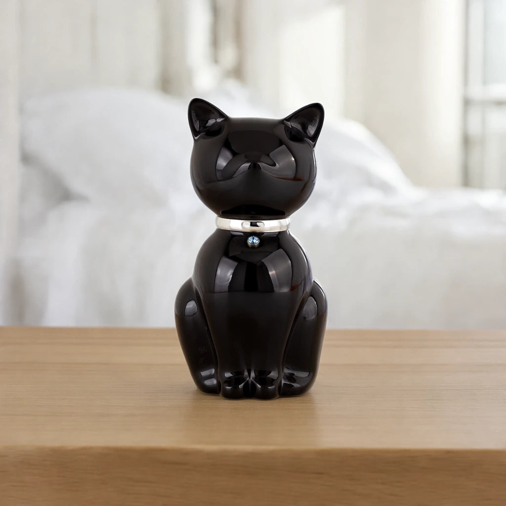 Cat Urn for Ashes in Onyx & Silver