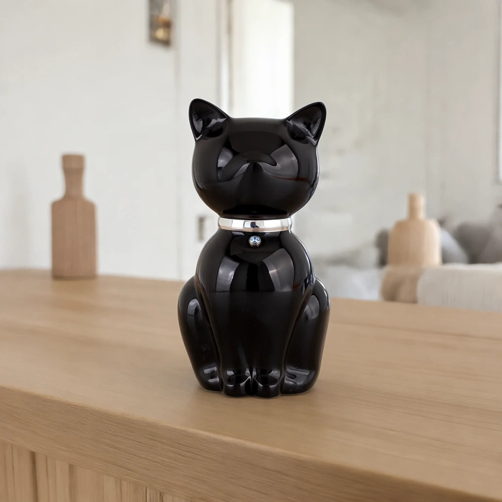 Cat Urn for Ashes in Onyx & Silver