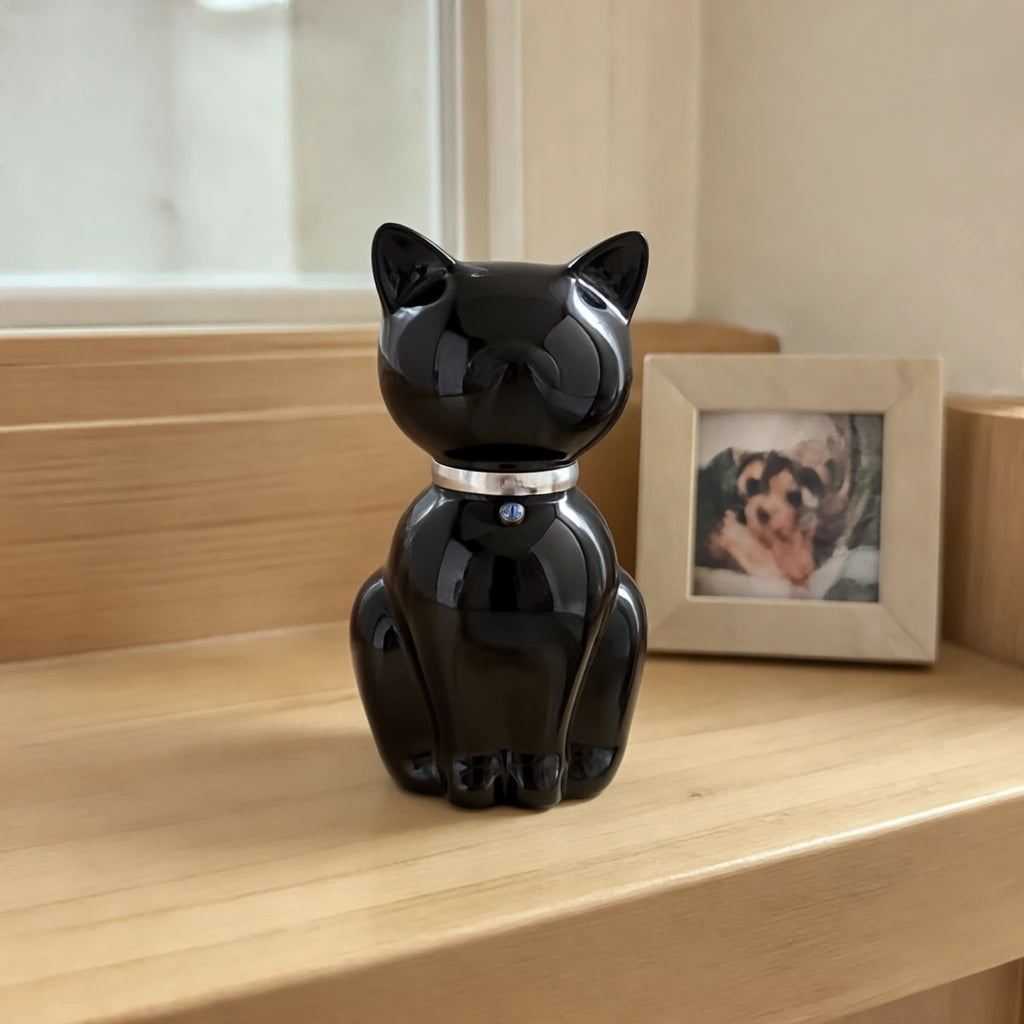 Cat Urn for Ashes in Onyx & Silver