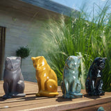 Cat Urns For Ashes Outside In Sun On Table Glossy Oily Green