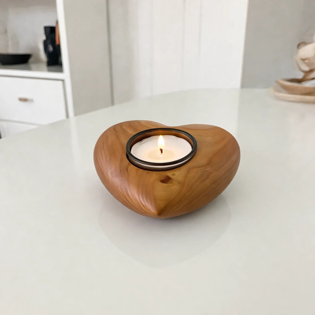 Cherry Wood Heart Candle Holder Keepsake Urn For Ashes