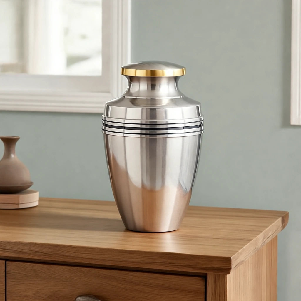 Classic Band Metal Adult Cremation Urn for Ashes in Brushed Silver and Gold