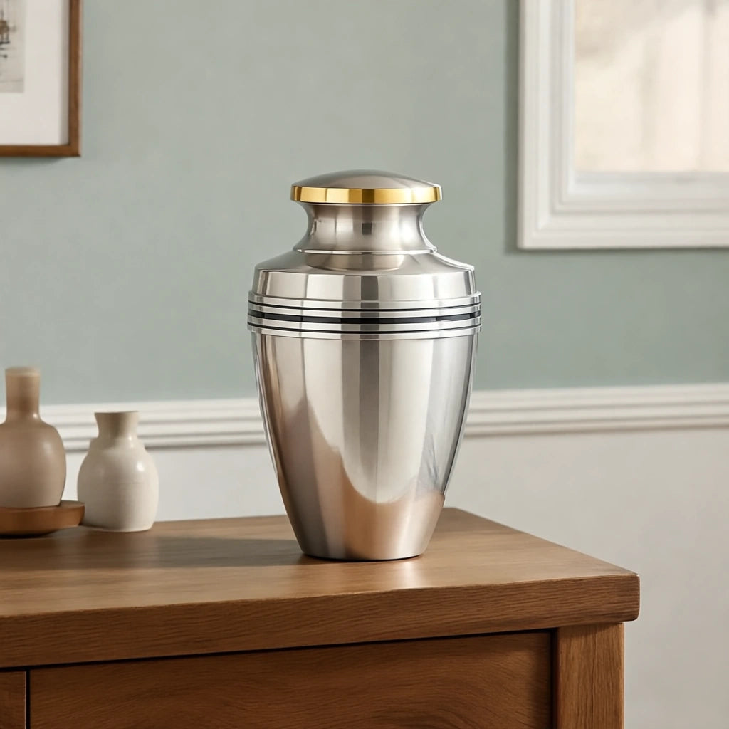 Classic Band Metal Adult Cremation Urn for Ashes in Brushed Silver and Gold