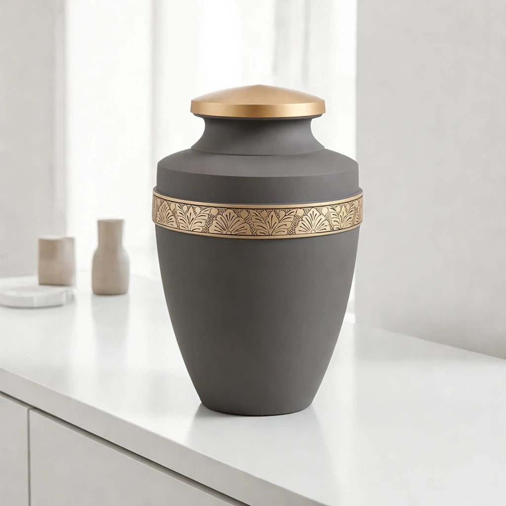 Classic Band Metal Adult Cremation Urn for Ashes in Taupe and Gold