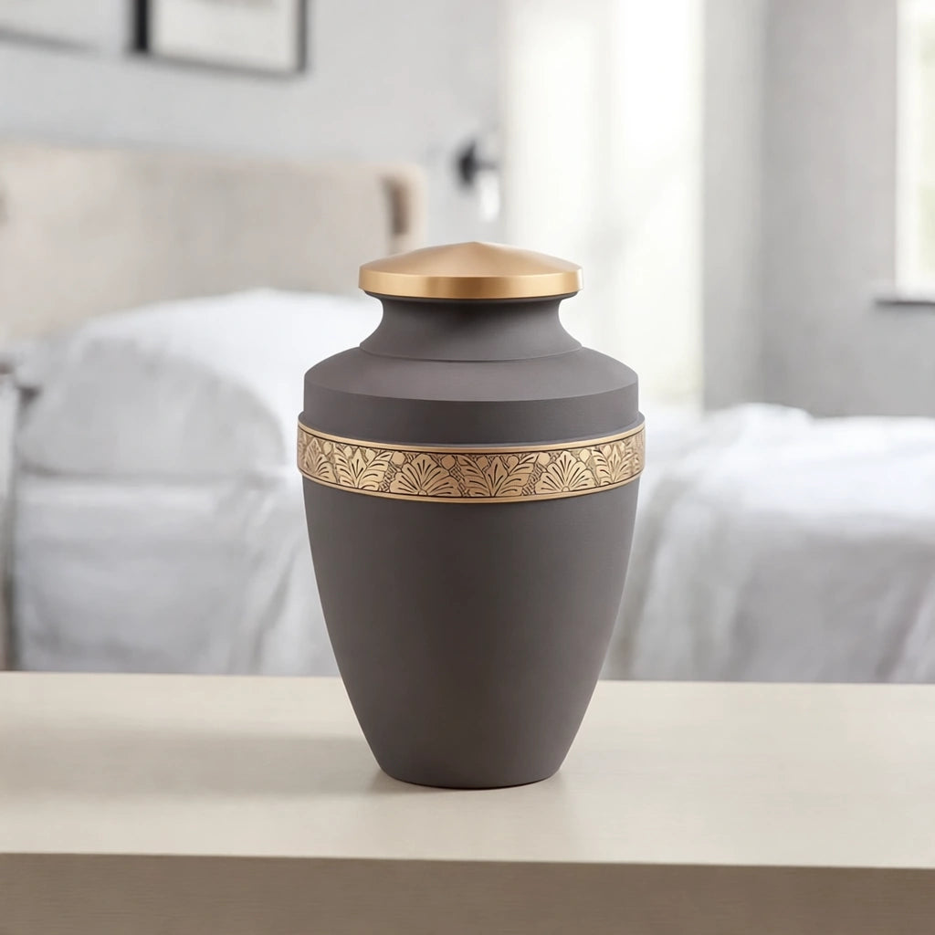 Classic Band Metal Adult Cremation Urn for Ashes in Taupe and Gold