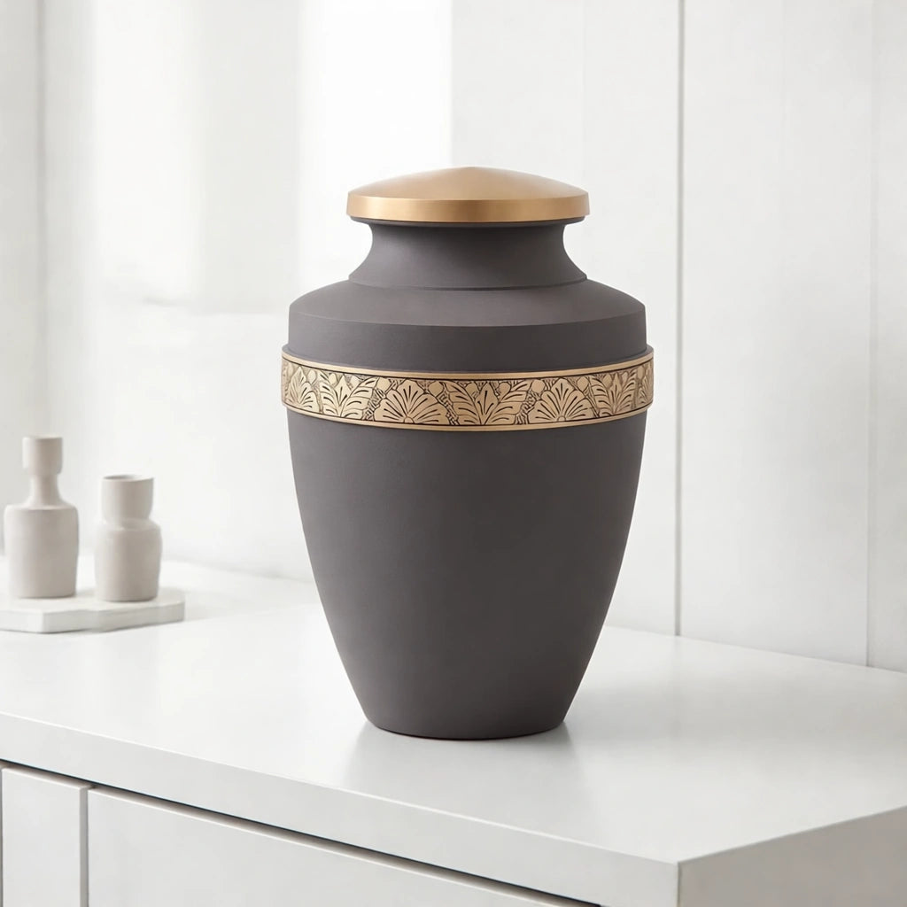 Classic Band Metal Adult Cremation Urn for Ashes in Taupe and Gold