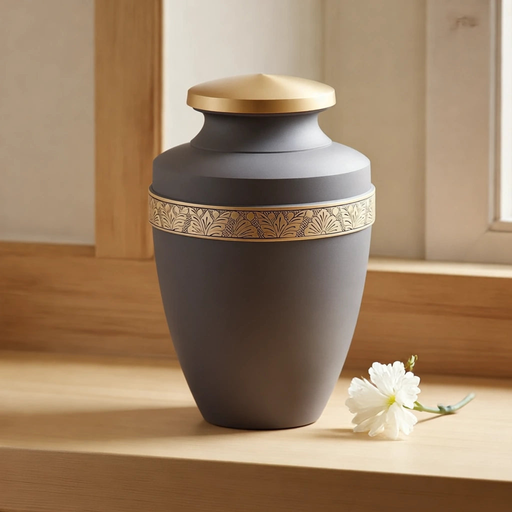 Classic Band Metal Adult Cremation Urn for Ashes in Taupe and Gold