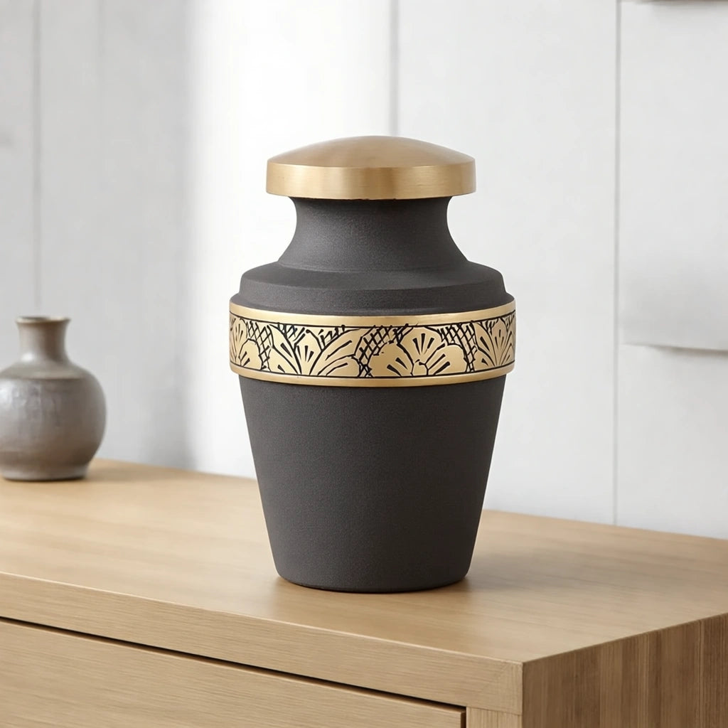 Classic Band Metal Keepsake Urn for Ashes in Taupe and Gold
