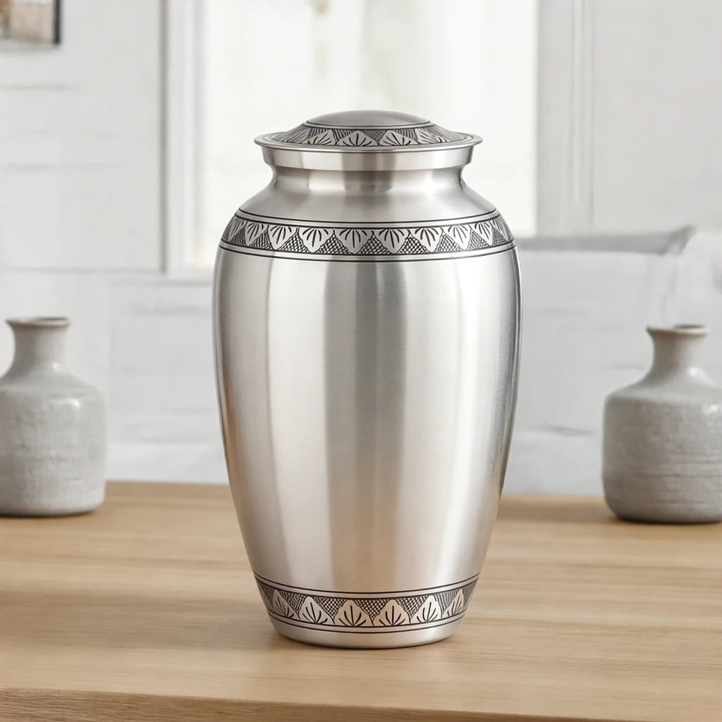 Classic Metal Adult Cremation Urn for Ashes in Brushed Silver