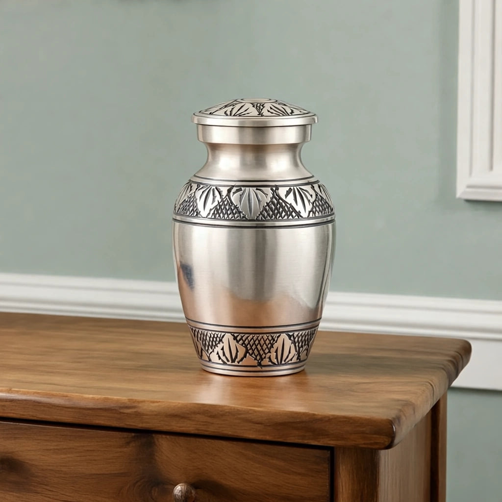 Classic Metal Keepsake Urn for Ashes in Brushed Silver
